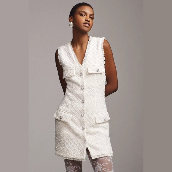NEW BHLDN Size M, L Ella V-Neck Pearl Tweed Mini Dress - Ivory - Picture 2 of 7